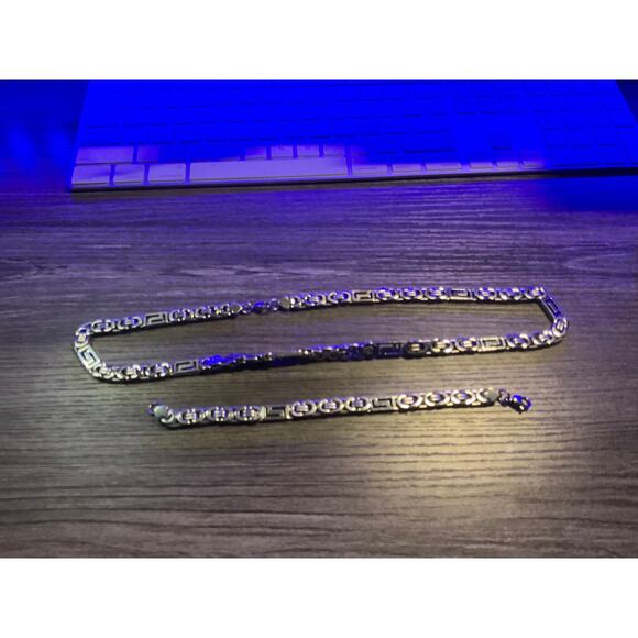 Mens Fashion Silver Necklace & Bracelet Set 24" & 10 - Picture 2 of 2